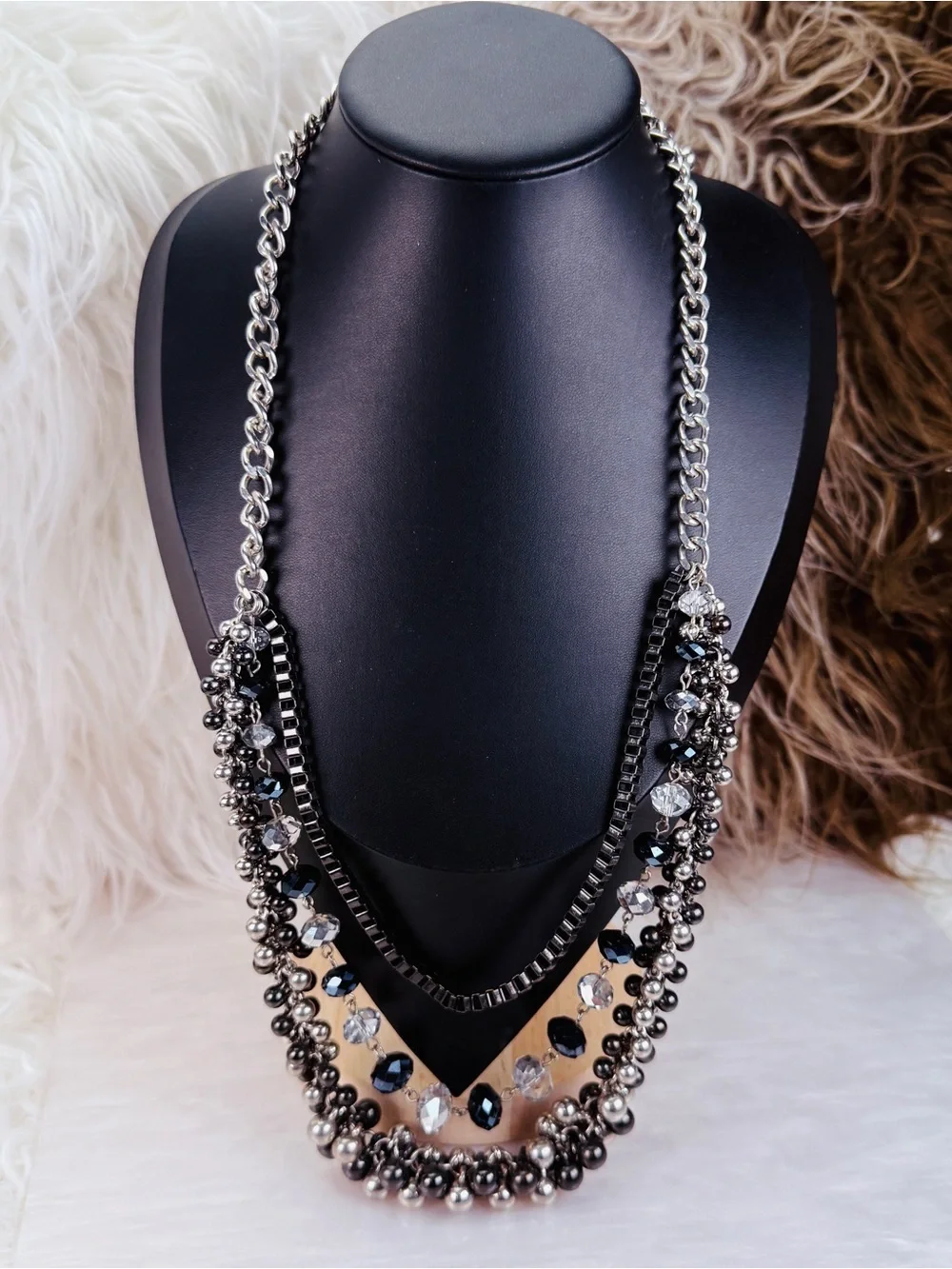 Beautiful, 3 strand, multi chain, black gunmetal beaded costume draping necklace